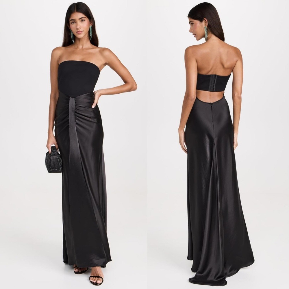 NWT STAUD Wayfaring Dress Black 00 Satin Crepe Strapless Open Back Gown Maxi